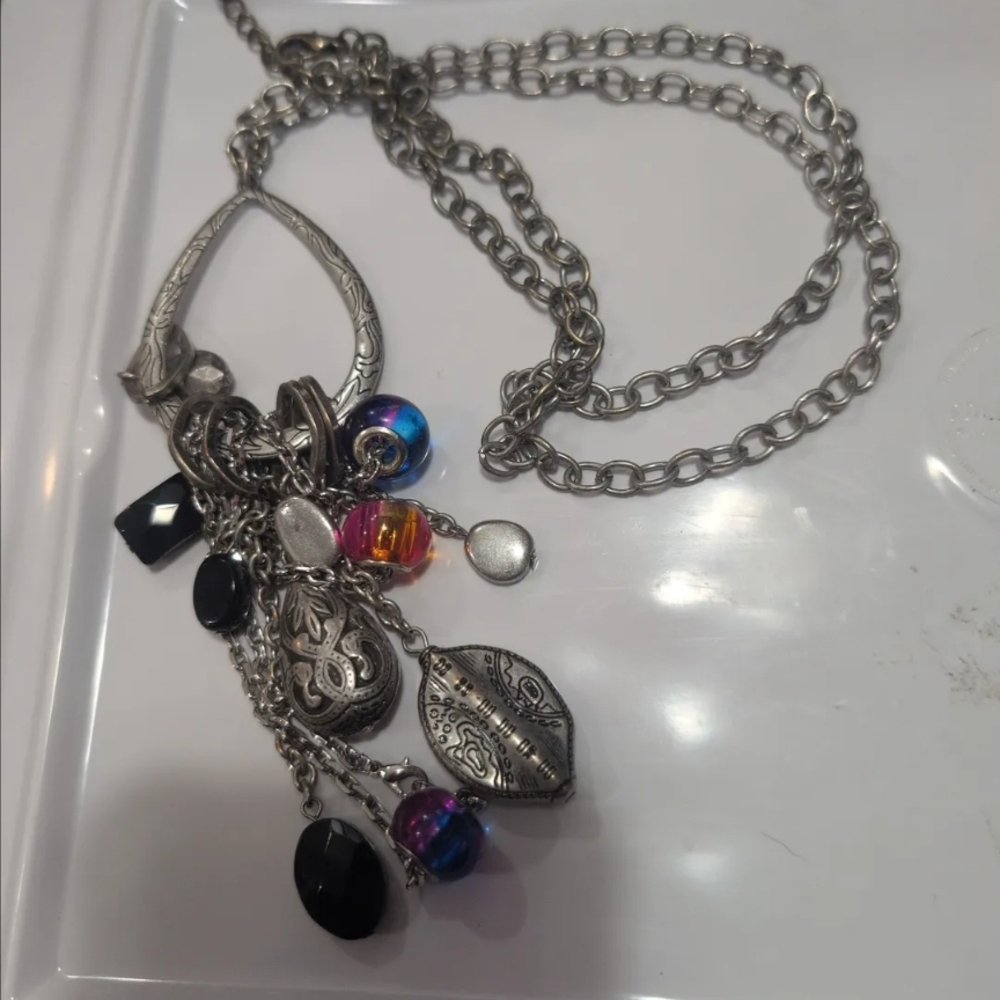 Silver Multi-Charm Pendant Necklace with Black and Iridescent Beads